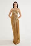 Buy_Cham Cham_Gold Stretch Knit Foil Embellishment Stones Straight Metallic Gathered Gown _Online_at_Aza_Fashions