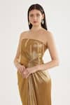 Shop_Cham Cham_Gold Stretch Knit Foil Embellishment Stones Straight Metallic Gathered Gown _Online_at_Aza_Fashions