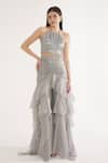 Buy_Cham Cham_Silver Stretch Knit Foil Embellishment Stones Tassels Top With Ruffle Pant _at_Aza_Fashions