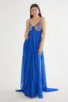 Buy_Cham Cham_Blue Stretch Knit Foil Embellishment Chain Blunt V Draped Gown _at_Aza_Fashions