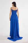 Cham Cham_Blue Stretch Knit Foil Embellishment Chain Blunt V Draped Gown _Online_at_Aza_Fashions