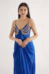 Shop_Cham Cham_Blue Stretch Knit Foil Embellishment Chain Blunt V Draped Gown _Online_at_Aza_Fashions