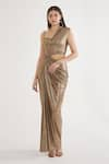 Buy_Cham Cham_Gold Stretch Knit Foil Embellishment Chain Asymmetric Draped Top With Skirt _at_Aza_Fashions