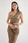 Buy_Cham Cham_Gold Stretch Knit Foil Embellishment Chain Asymmetric Draped Top With Skirt _Online_at_Aza_Fashions