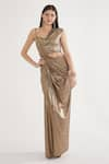 Shop_Cham Cham_Gold Stretch Knit Foil Embellishment Chain Asymmetric Draped Top With Skirt _Online_at_Aza_Fashions