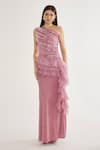 Buy_Cham Cham_Pink Stretch Knit Emebllishment Stones One Shoulder Embellished Ruffle Gown _Online_at_Aza_Fashions