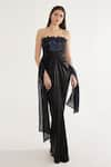 Shop_Cham Cham_Black Stretch Knit Foil Hand Embroidery Sequin Metallic Draped Gown With Stole _Online_at_Aza_Fashions