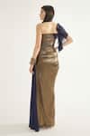 Cham Cham_Gold Stretch Knit Foil Embellishment Sequin Asymmetric Metallic Gown _Online_at_Aza_Fashions