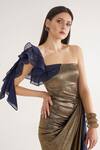 Buy_Cham Cham_Gold Stretch Knit Foil Embellishment Sequin Asymmetric Metallic Gown _Online_at_Aza_Fashions