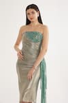 Buy_Cham Cham_Silver Stretch Knit Foil Embellishment Sequin Straight Metallic Dress _Online_at_Aza_Fashions