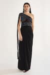 Buy_Cham Cham_Black Stretch Knit Foil Embellishment Sequin One Shoulder Draped Gown _at_Aza_Fashions