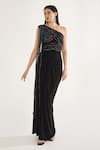 Shop_Cham Cham_Black Stretch Knit Foil Embellishment Sequin One Shoulder Draped Gown _Online_at_Aza_Fashions