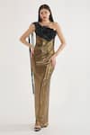 Buy_Cham Cham_Gold Stretch Knit Foil Applique Sequin One Shoulder Embellished Gown _at_Aza_Fashions