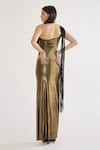 Cham Cham_Gold Stretch Knit Foil Applique Sequin One Shoulder Embellished Gown _Online_at_Aza_Fashions