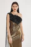 Shop_Cham Cham_Gold Stretch Knit Foil Applique Sequin One Shoulder Embellished Gown _Online_at_Aza_Fashions