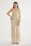 Buy_Cham Cham_Gold Stretch Knit Foil Embellishment Chain V Neck Cutout Gown _at_Aza_Fashions