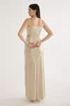 Cham Cham_Gold Stretch Knit Foil Embellishment Chain V Neck Cutout Gown _Online_at_Aza_Fashions