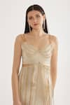 Shop_Cham Cham_Gold Stretch Knit Foil Embellishment Chain V Neck Cutout Gown _Online_at_Aza_Fashions