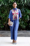 Shop_Eeda_Blue Viscose Silk Patchwork Shirt Collar Center And Pant Co-ord Set _Online_at_Aza_Fashions