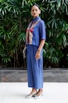 Eeda_Blue Viscose Silk Patchwork Shirt Collar Center And Pant Co-ord Set _at_Aza_Fashions