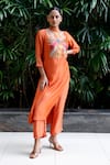 Buy_Eeda_Orange Viscose Silk Patchwork Band Collar Bodice Kurta With Pant Set _at_Aza_Fashions