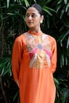 Eeda_Orange Viscose Silk Patchwork Band Collar Bodice Kurta With Pant Set _Online_at_Aza_Fashions