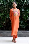 Buy_Eeda_Orange Viscose Silk Patchwork Band Collar Bodice Kurta With Pant Set _Online_at_Aza_Fashions