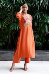 Eeda_Orange Viscose Silk Patchwork Band Collar Bodice Kurta With Pant Set _at_Aza_Fashions