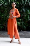 Buy_Eeda_Orange Viscose Silk Patchwork Band Collar Bodice Kurta With Pant Set 