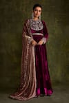 Label Sanya Gulati_Purple Silk Velvet Hand Embroidery Sequin Round Floral Anarkali With Dupatta _Online_at_Aza_Fashions