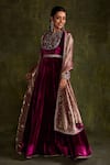 Shop_Label Sanya Gulati_Purple Silk Velvet Hand Embroidery Sequin Round Floral Anarkali With Dupatta _Online_at_Aza_Fashions