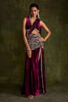 Buy_Label Sanya Gulati_Purple Silk Velvet Hand Embroidery Sequin High Slit Pre-draped Saree With Blouse _at_Aza_Fashions