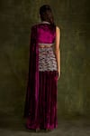 Label Sanya Gulati_Purple Silk Velvet Hand Embroidery Sequin High Slit Pre-draped Saree With Blouse _Online_at_Aza_Fashions