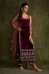 Label Sanya Gulati_Purple Silk Velvet Hand Embroidery Sequin U Neck Floral Straight Kurta Set _Online_at_Aza_Fashions