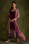 Buy_Label Sanya Gulati_Purple Silk Velvet Hand Embroidery Sequin U Neck Floral Straight Kurta Set _Online_at_Aza_Fashions