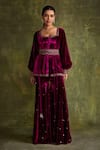 Label Sanya Gulati_Purple Silk Velvet Hand Embroidery Sequin Square Peplum Kurta With Sharara _Online_at_Aza_Fashions