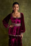 Shop_Label Sanya Gulati_Purple Silk Velvet Hand Embroidery Sequin Square Peplum Kurta With Sharara _Online_at_Aza_Fashions