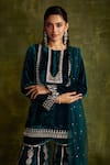 Shop_Label Sanya Gulati_Blue Silk Velvet Hand Embroidery Resham Round Sharara Set _Online_at_Aza_Fashions