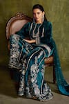 Buy_Label Sanya Gulati_Blue Silk Velvet Hand Embroidery Resham Round Sharara Set 