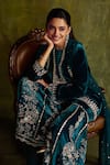 Shop_Label Sanya Gulati_Blue Silk Velvet Hand Embroidery Resham Round Sharara Set 