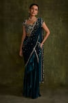 Buy_Label Sanya Gulati_Blue Silk Velvet Hand Embroidery Resham Sweetheart Pre-draped Saree With Blouse _at_Aza_Fashions