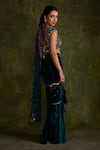 Label Sanya Gulati_Blue Silk Velvet Hand Embroidery Resham Sweetheart Pre-draped Saree With Blouse _Online_at_Aza_Fashions