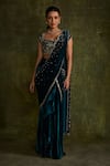 Buy_Label Sanya Gulati_Blue Silk Velvet Hand Embroidery Resham Sweetheart Pre-draped Saree With Blouse _Online_at_Aza_Fashions