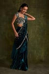 Shop_Label Sanya Gulati_Blue Silk Velvet Hand Embroidery Resham Sweetheart Pre-draped Saree With Blouse _Online_at_Aza_Fashions