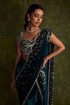 Label Sanya Gulati_Blue Silk Velvet Hand Embroidery Resham Sweetheart Pre-draped Saree With Blouse _at_Aza_Fashions