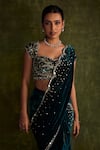 Buy_Label Sanya Gulati_Blue Silk Velvet Hand Embroidery Resham Sweetheart Pre-draped Saree With Blouse 