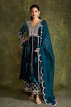 Buy_Label Sanya Gulati_Blue Silk Velvet Hand Embroidery Resham V Neck Kurta Set _at_Aza_Fashions