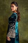 Shop_Label Sanya Gulati_Blue Silk Velvet Hand Embroidery Resham V Neck Kurta Set 