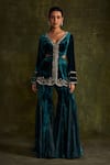 Buy_Label Sanya Gulati_Blue Silk Velvet Hand Embroidery Resham V Neck Peplum Kurta With Godet Sharara _at_Aza_Fashions