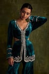 Shop_Label Sanya Gulati_Blue Silk Velvet Hand Embroidery Resham V Neck Peplum Kurta With Godet Sharara _Online_at_Aza_Fashions